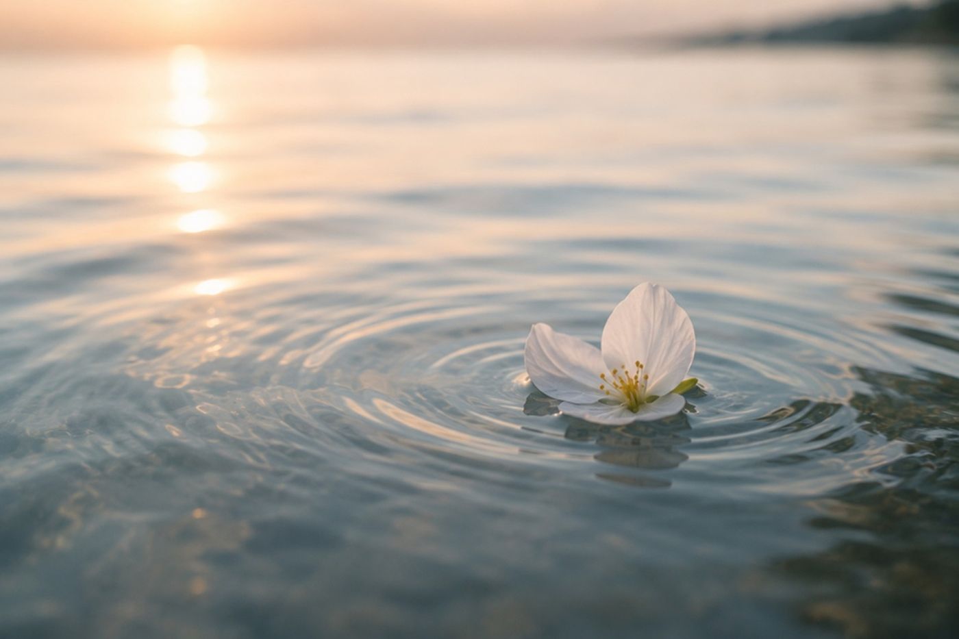Eine weiße Blüte treibt auf ruhigem Wasser im warmen Licht