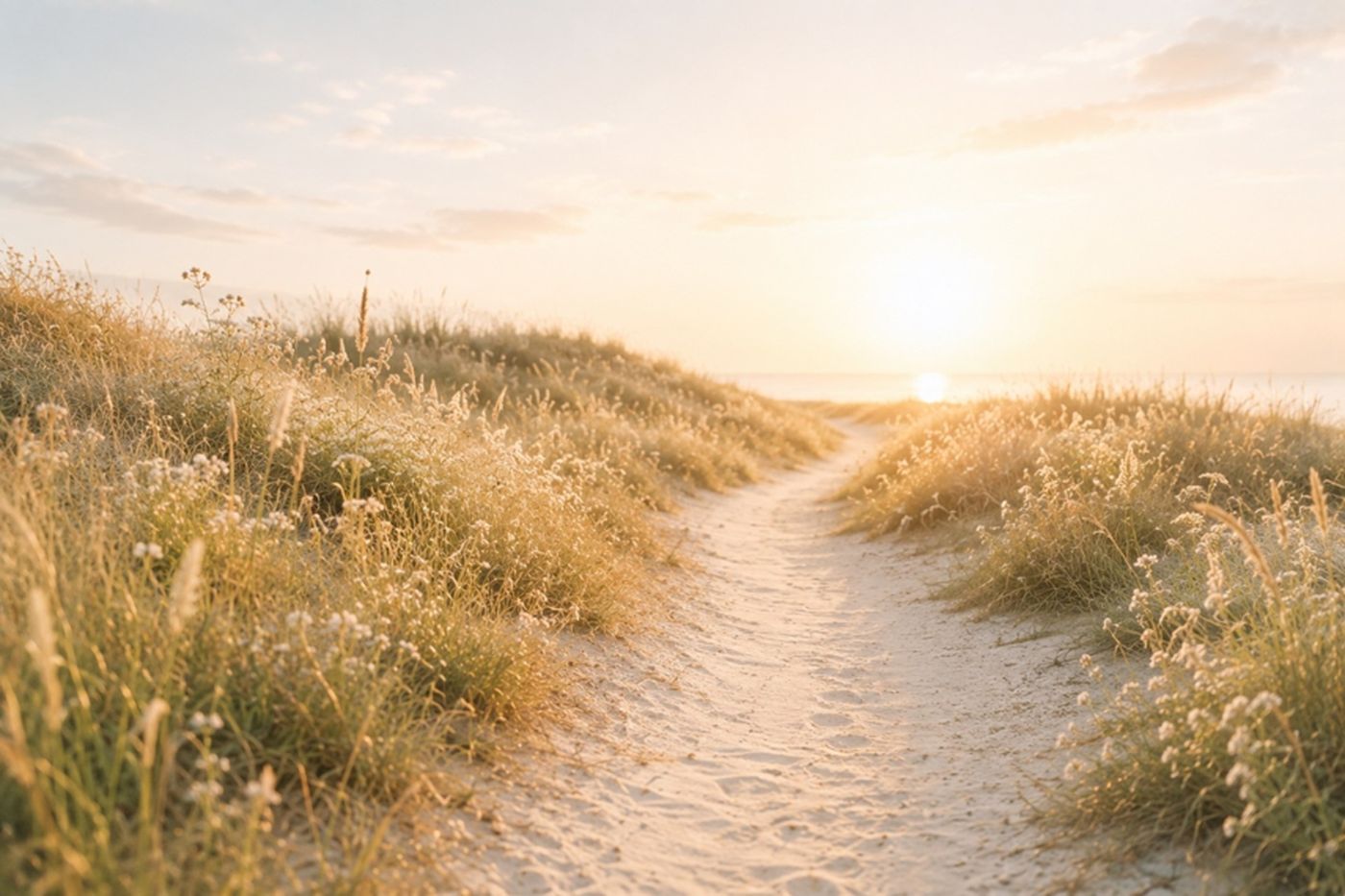 Ein heller Sandweg führt zwischen Dünengräsern dem Morgenlicht entgegen
